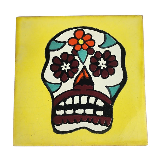 Floral sugar skull Mexican ceramic tile with yellow background and colorful flower details