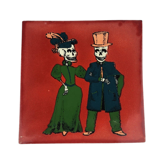 Red Skeleton Couple Standing ceramic tile with Mexican folk art design
Low side view: