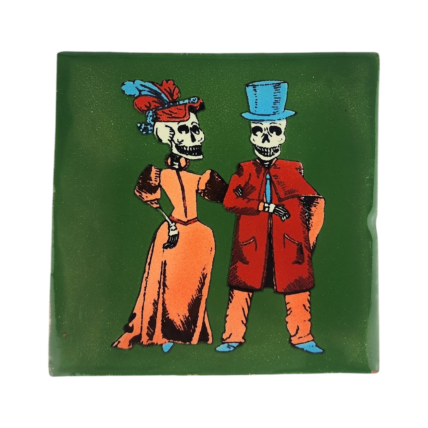 Skeleton Couple Standing Ceramic Tile – Green 4 1/8" Mexican Folk Art