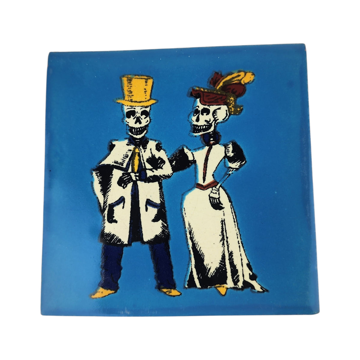 Blue Skeleton Couple ceramic tile with Mexican folk art design