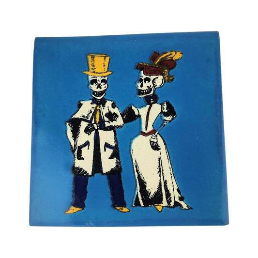 Blue Skeleton Couple ceramic tile with Mexican folk art design