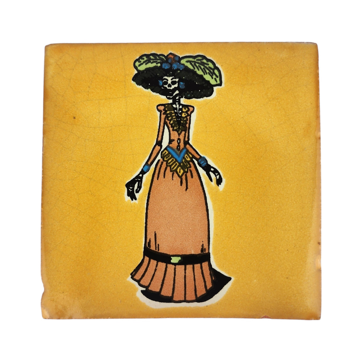 Mustard yellow Catrina ceramic tile with Mexican folk art design