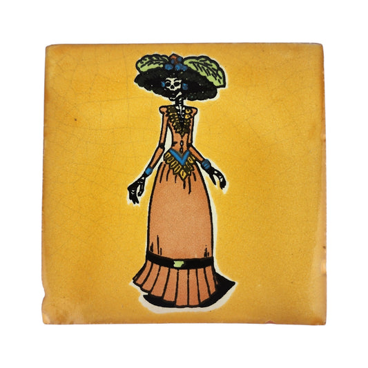Mustard yellow Catrina ceramic tile with Mexican folk art design