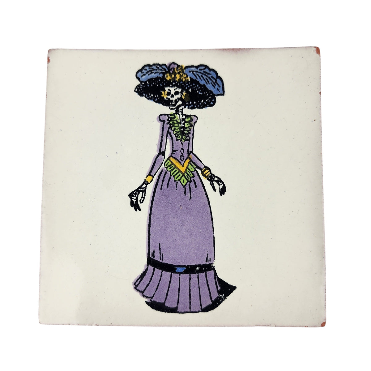 White Catrina ceramic tile with purple dress and Mexican folk art design