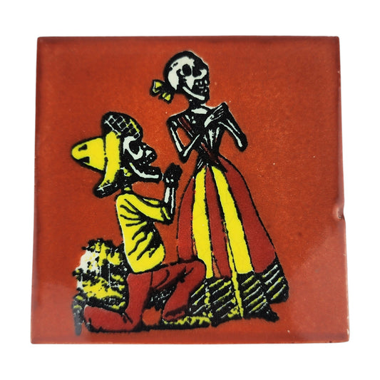 Red brown skeleton serenade ceramic tile 4 1/8 inch with Mexican folk art design