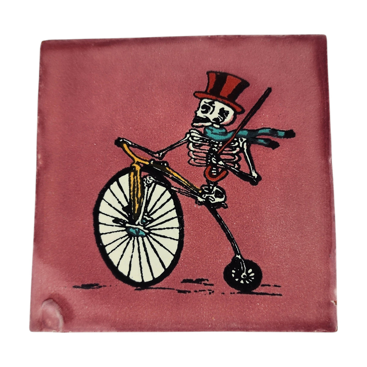 Pink skeleton bicycle ceramic tile 4 1/8 inch Mexican folk art decor