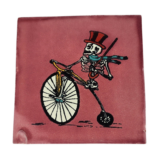 Pink skeleton bicycle ceramic tile 4 1/8 inch Mexican folk art decor