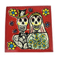 Red skeleton wedding ceramic tile 4 1/8 inch with bride and groom Mexican folk art design