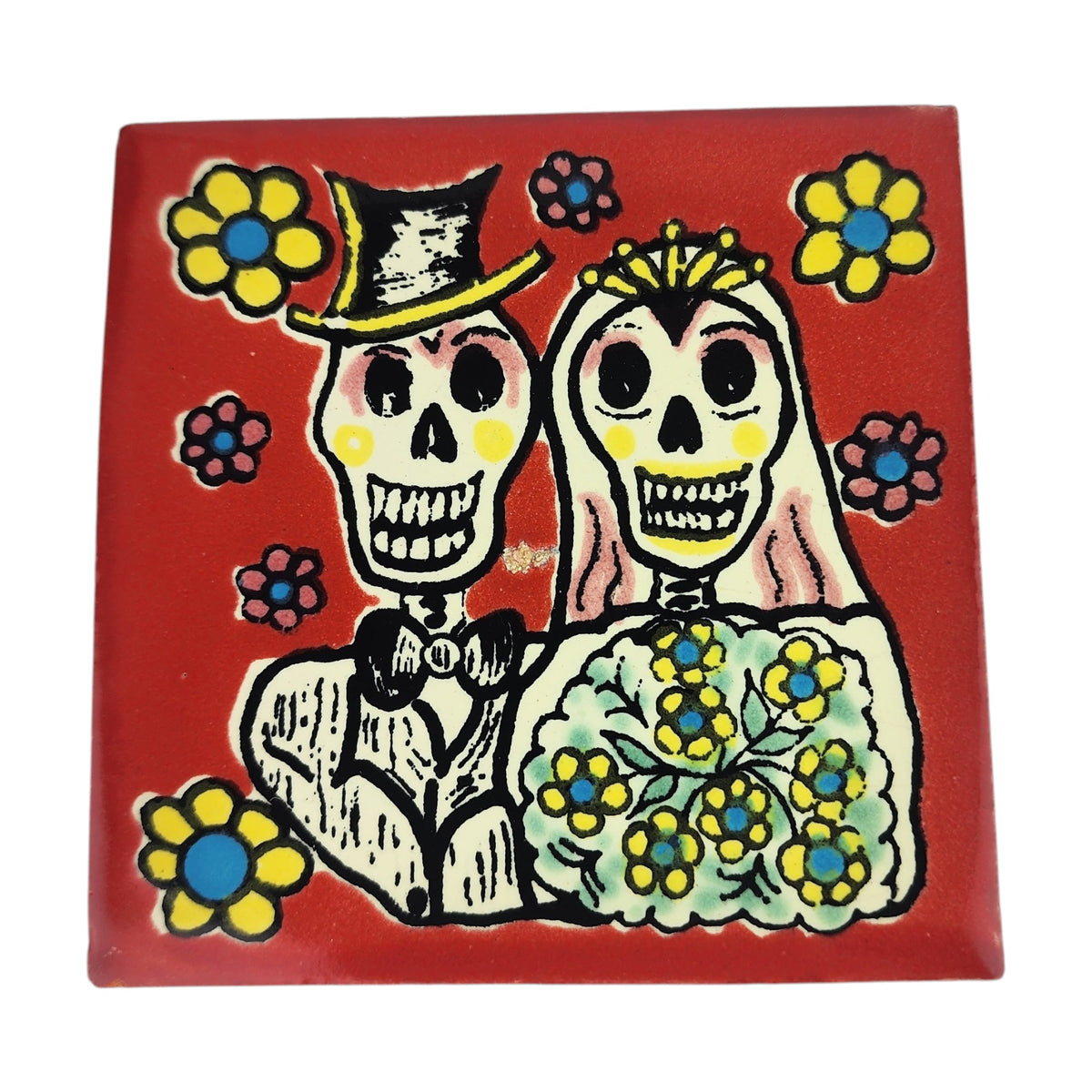 Red skeleton wedding ceramic tile 4 1/8 inch with bride and groom Mexican folk art design