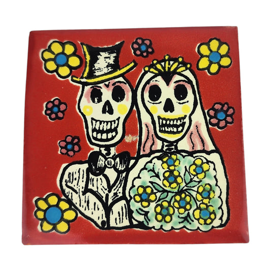 Red skeleton wedding ceramic tile 4 1/8 inch with bride and groom Mexican folk art design