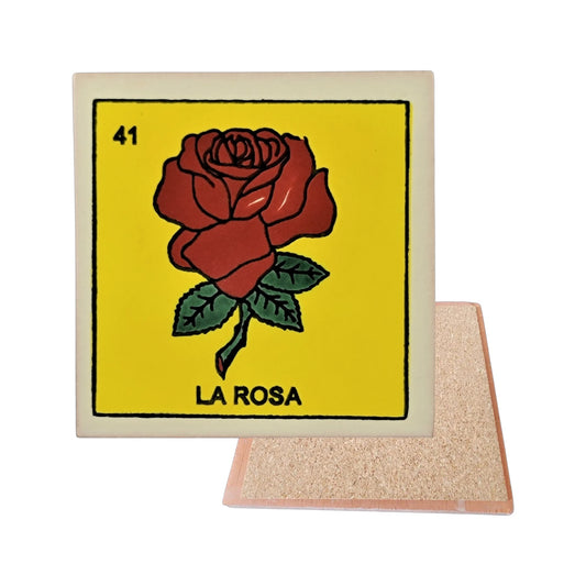 La Rosa #41 Loteria ceramic coaster with rose card artwork and cork-backed reverse on a white background
