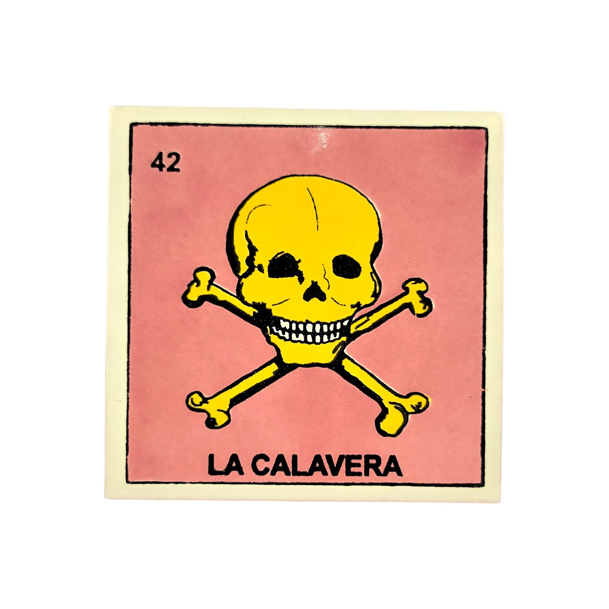 Lotería Tile La Calavera #42 Mexican ceramic folk art tile on white background