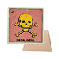 La Calavera #42 Loteria ceramic coaster with skull card artwork and cork-backed reverse on a white background

