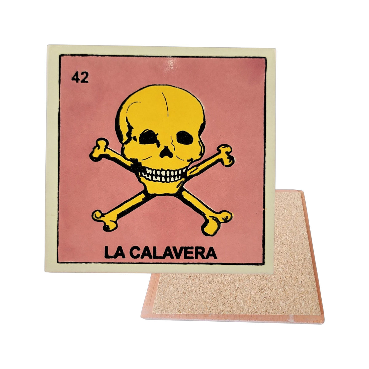 La Calavera #42 Loteria ceramic coaster with skull card artwork and cork-backed reverse on a white background
