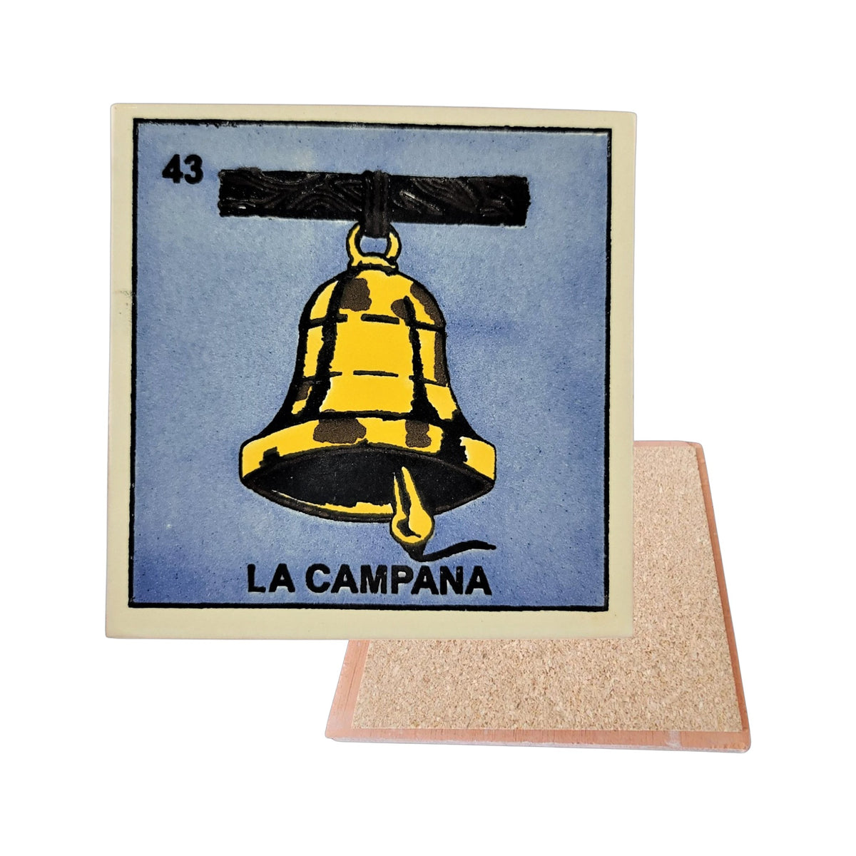 La Campana #43 Loteria ceramic coaster with bell card artwork and cork-backed reverse on a white background
