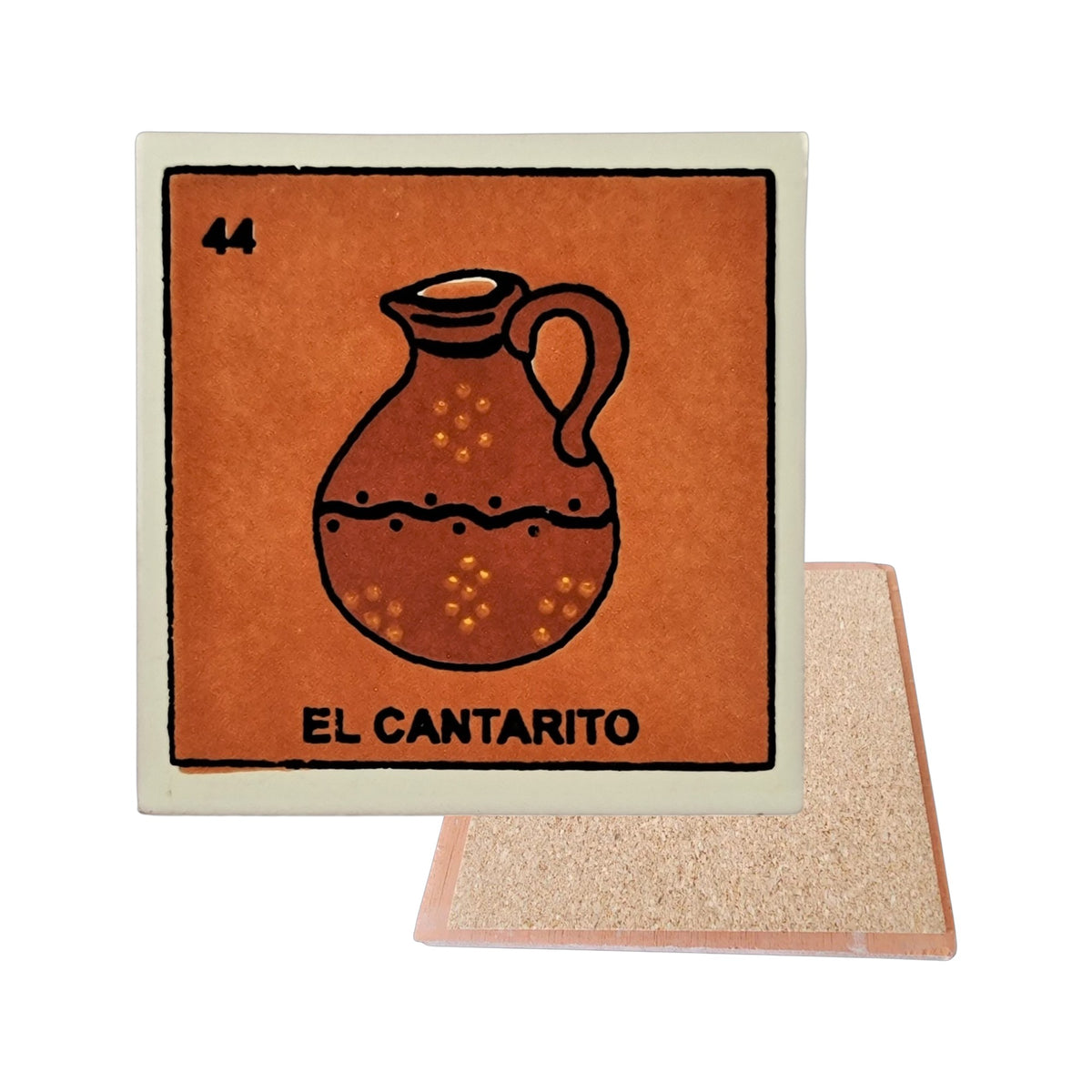 El Cantarito #44 Loteria ceramic coaster with clay-vessel card artwork and cork-backed reverse on a white background
