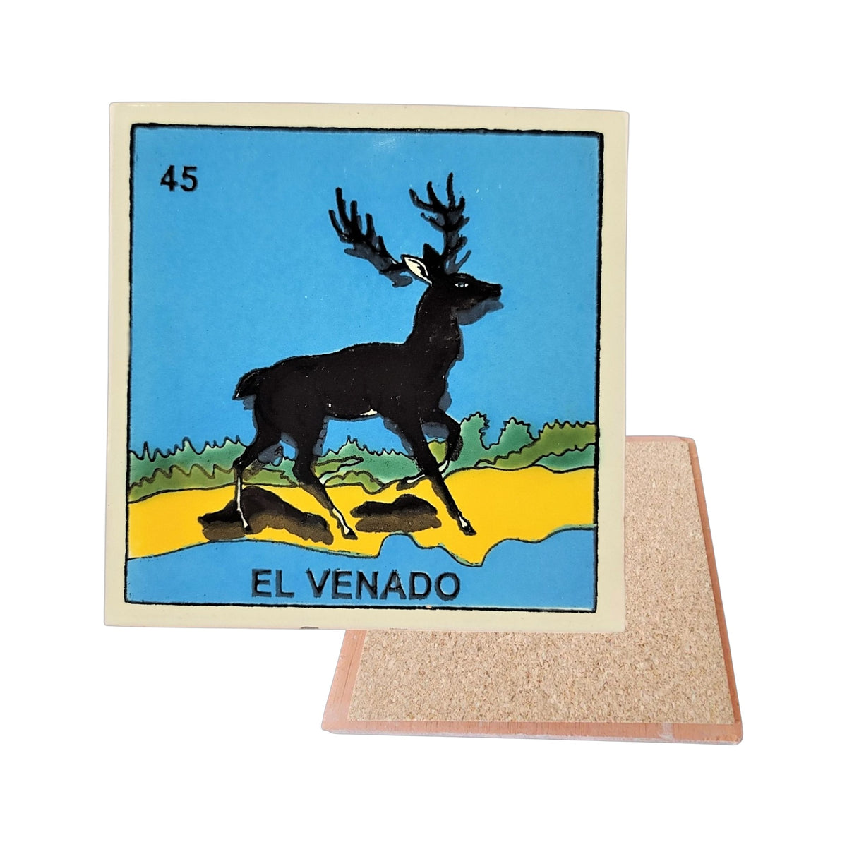 El Venado #45 Loteria ceramic coaster with deer card artwork and cork-backed reverse on a white background
