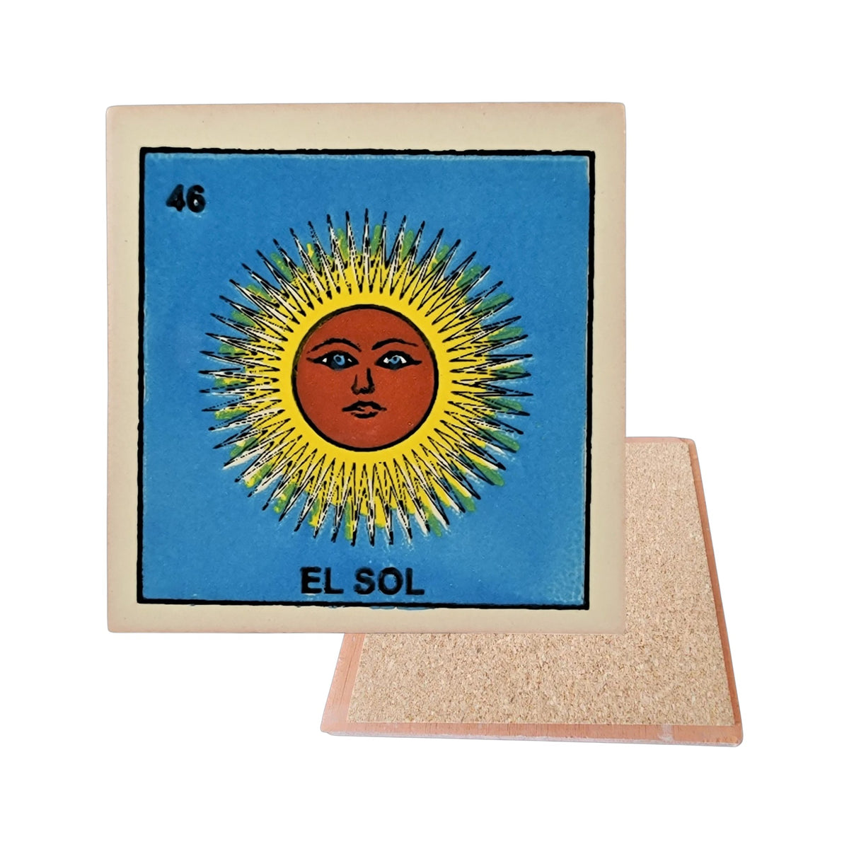 El Sol #46 Loteria ceramic coaster with sun card artwork and cork-backed reverse on a white background
