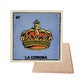 La Corona #47 Loteria ceramic coaster with crown card artwork and cork-backed reverse on a white background

