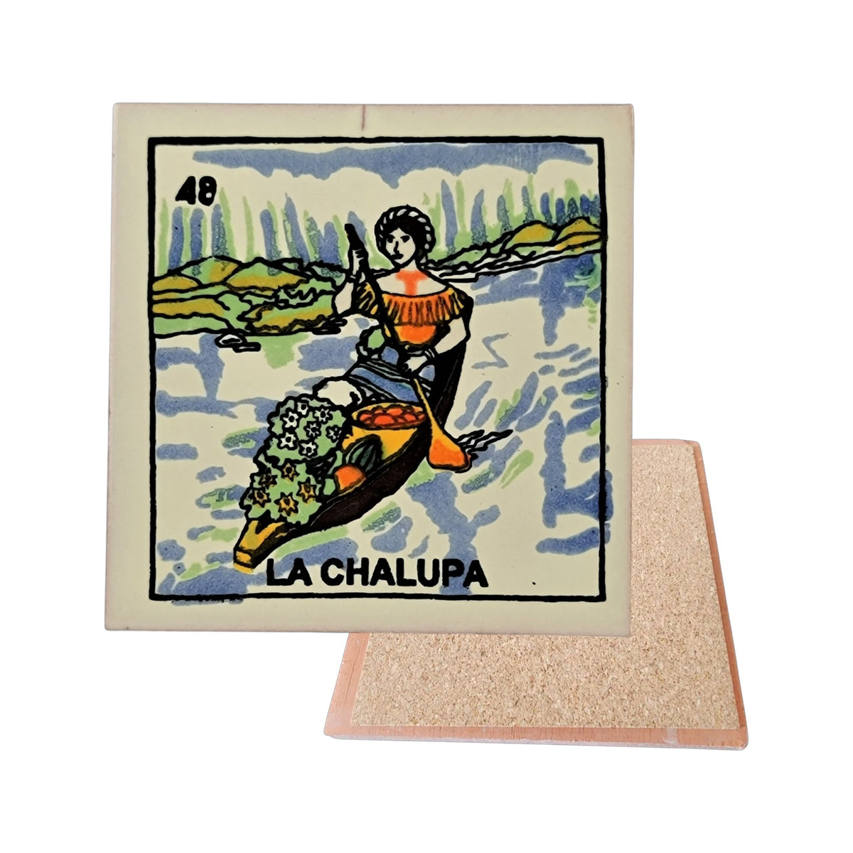 La Chalupa #48 Loteria ceramic coaster with boat card artwork and cork-backed reverse on a white background
