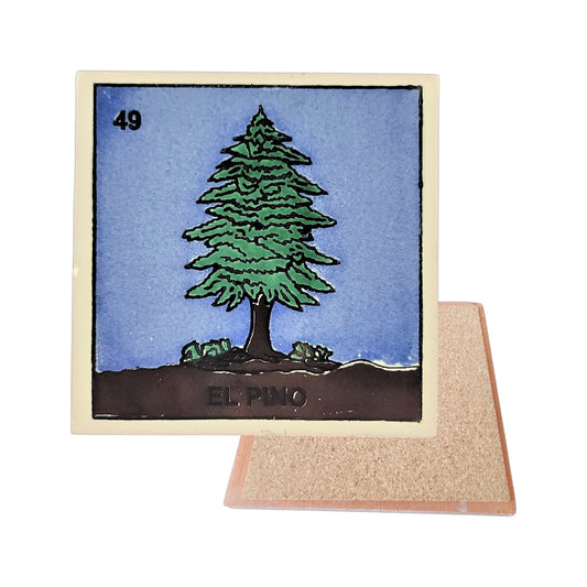 El Pino #49 Loteria ceramic coaster with pine-tree card artwork and cork-backed reverse on a white background
