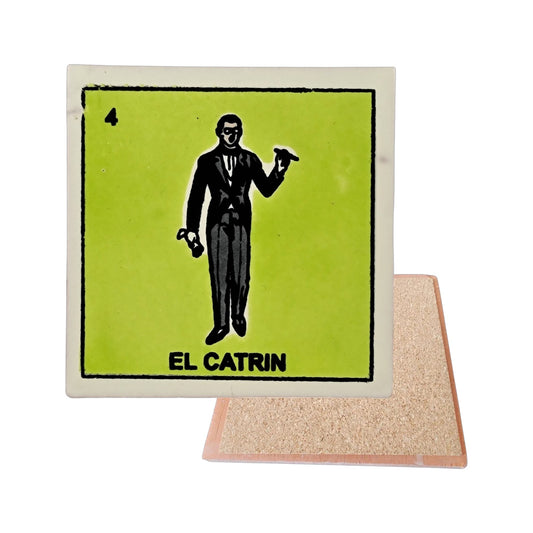 El Catrin #4 Loteria ceramic coaster with dapper gentleman artwork and cork-backed reverse on a white background
