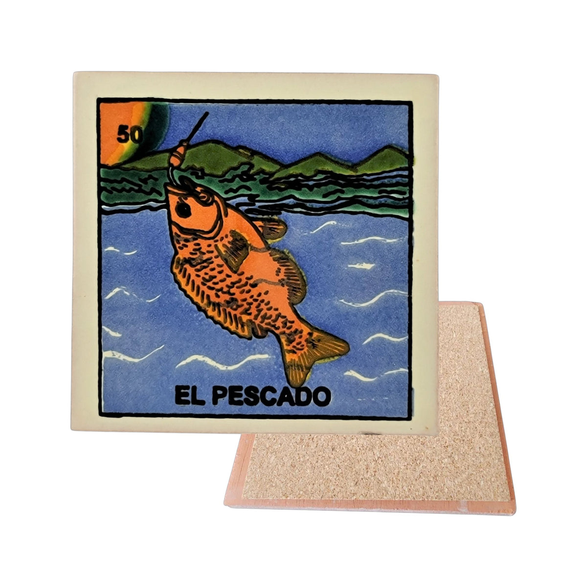 El Pescado #50 Loteria ceramic coaster with fish card artwork and cork-backed reverse on a white background
