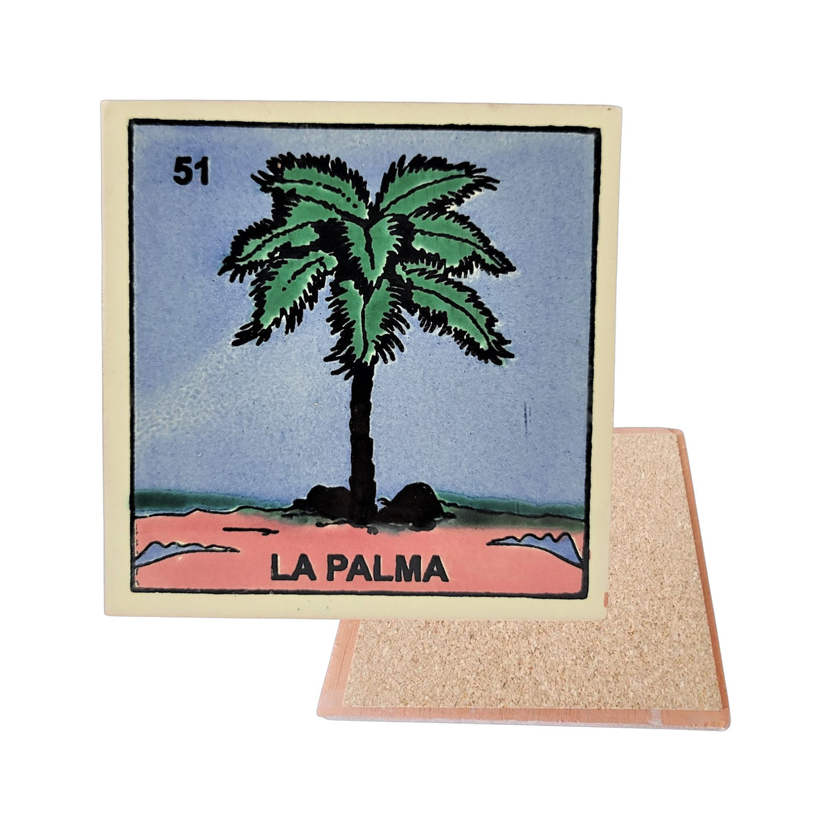 La Palma #51 Loteria ceramic coaster with palm-tree card artwork and cork-backed reverse on a white background

