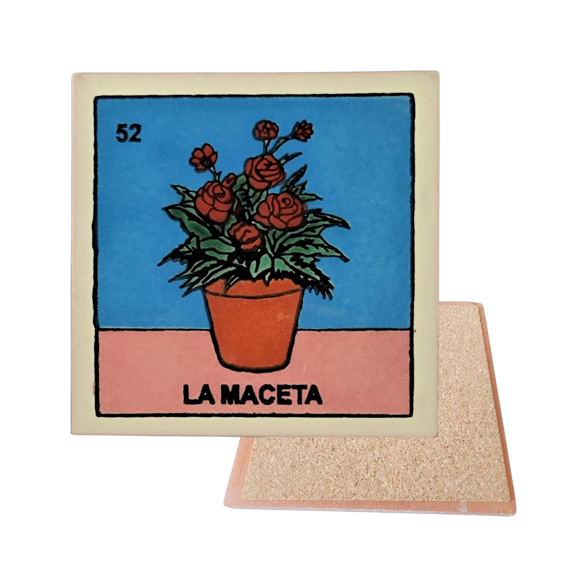 La Maceta #52 Loteria ceramic coaster with potted-plant card artwork and cork-backed reverse on a white background

