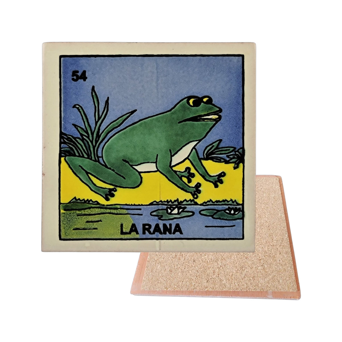 La Rana #54 Loteria ceramic coaster with frog card artwork and cork-backed reverse on a white background
