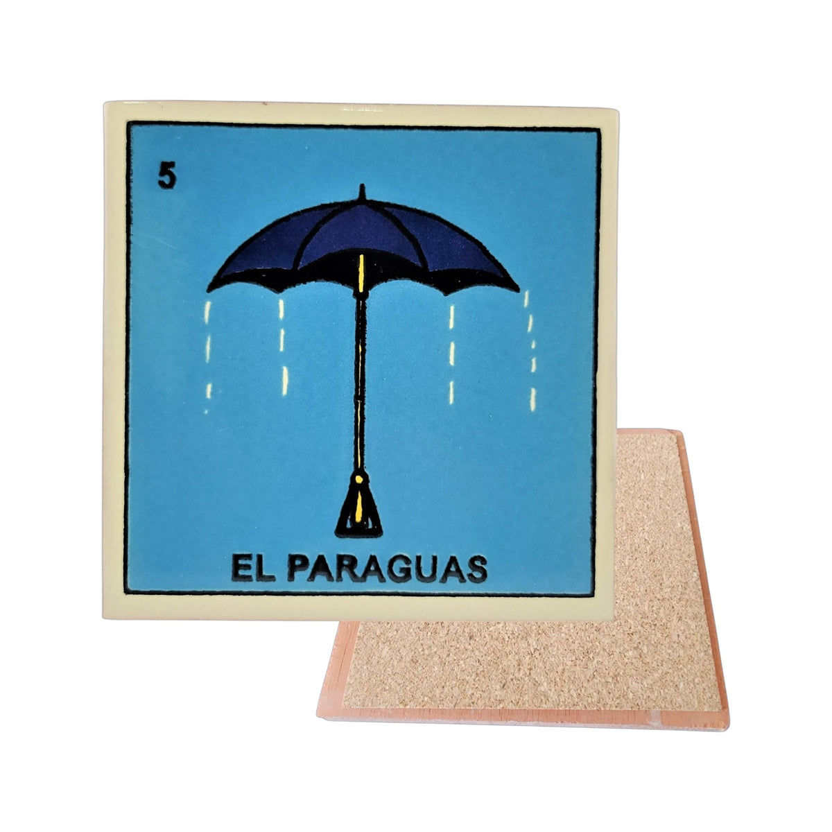 El Paraguas #5 Loteria ceramic coaster with umbrella artwork and cork-backed reverse on a white background
