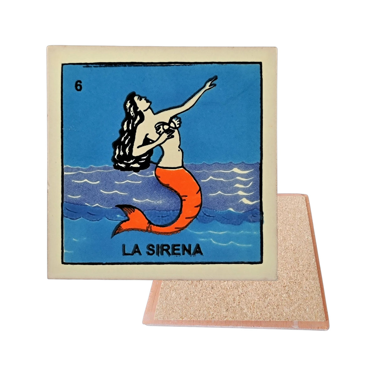 La Sirena #6 Loteria ceramic coaster with mermaid artwork and cork-backed reverse on a white background
