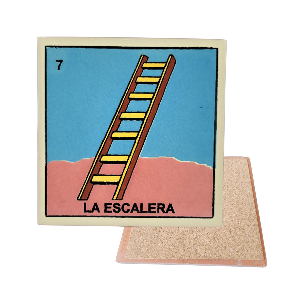 La Escalera #7 Loteria ceramic coaster with ladder artwork and cork-backed reverse on a white background
