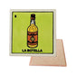 La Botella #8 Loteria ceramic coaster with bottle artwork and cork-backed reverse on a white background
