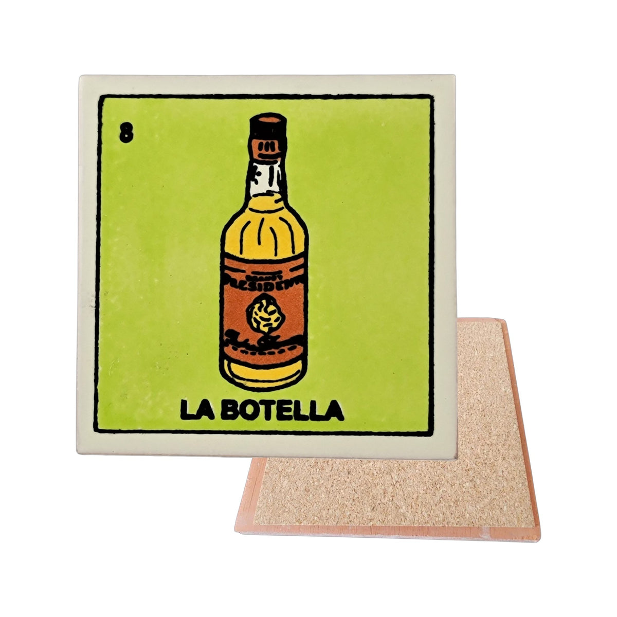 La Botella #8 Loteria ceramic coaster with bottle artwork and cork-backed reverse on a white background
