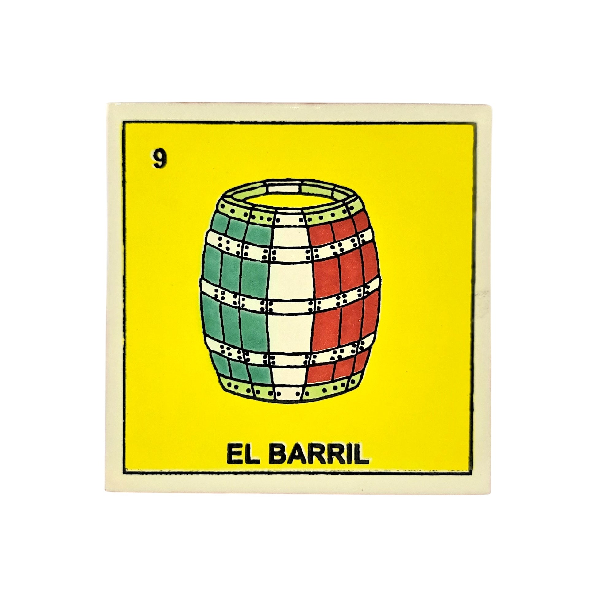 Lotería Tile El Barril #9 Mexican ceramic folk art tile on white background