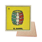 El Barril #9 Loteria ceramic coaster with barrel artwork and cork-backed reverse on a white background
