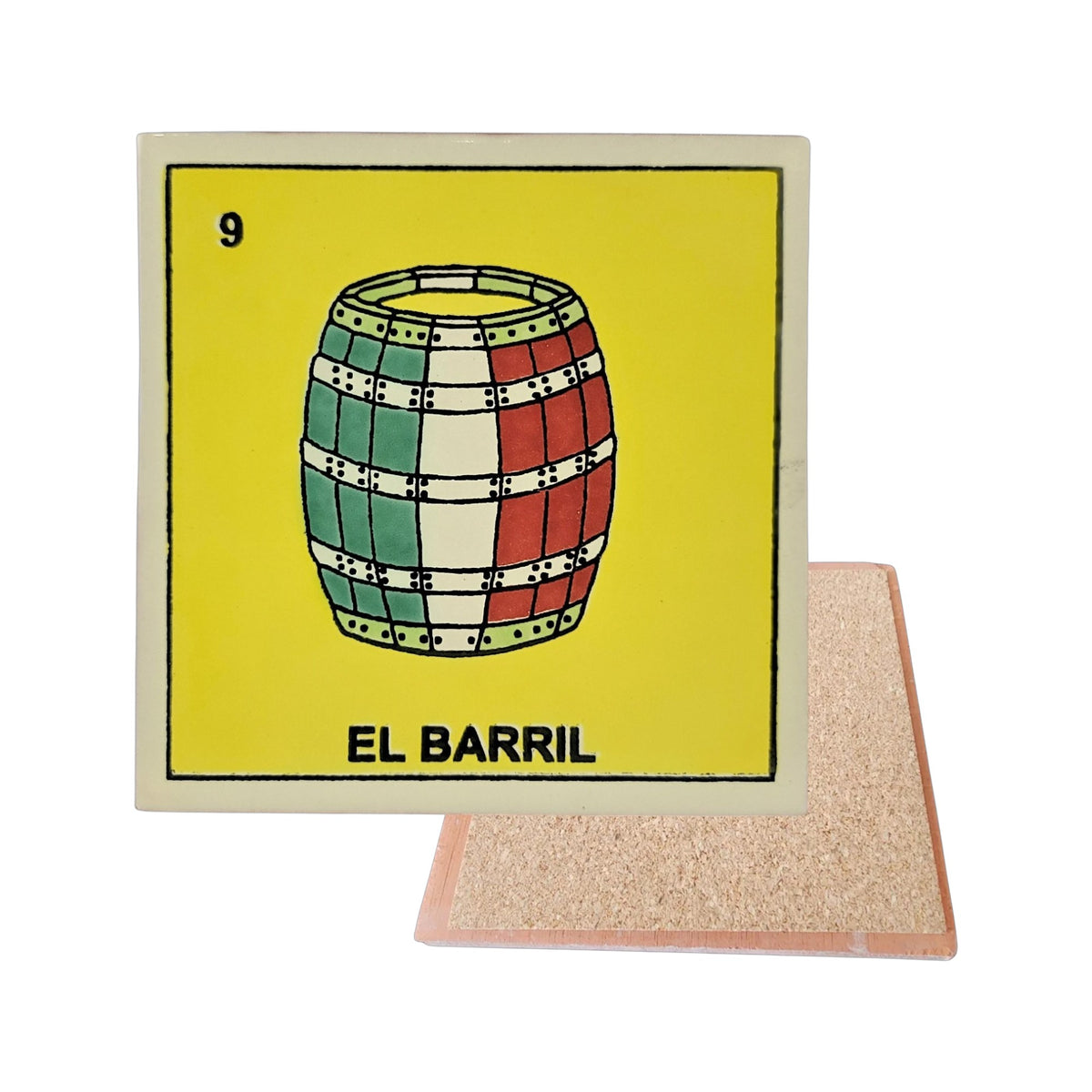 El Barril #9 Loteria ceramic coaster with barrel artwork and cork-backed reverse on a white background
