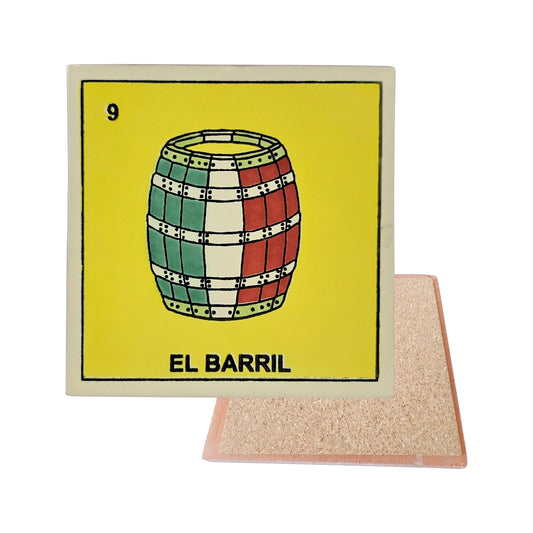 El Barril #9 Loteria ceramic coaster with barrel artwork and cork-backed reverse on a white background
