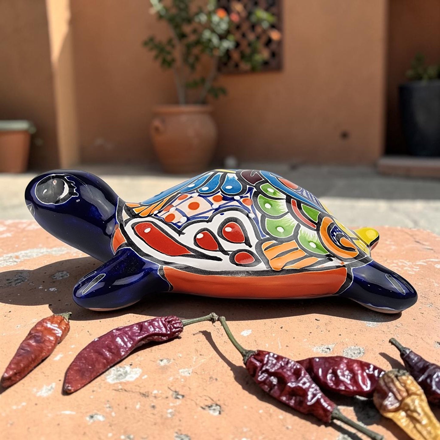 Deep Blue Talavera-Style Turtle Figurine 9.5" – Mexican Folk Art Décor