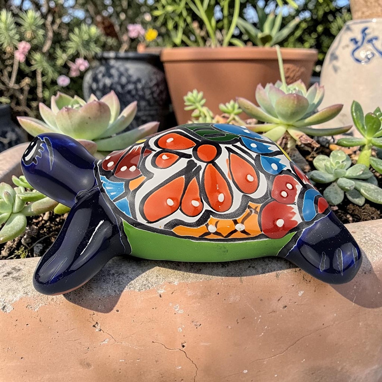 Talavera-Style Ceramic Turtle Figurine 8.5" – Mexican Folk Art Décor