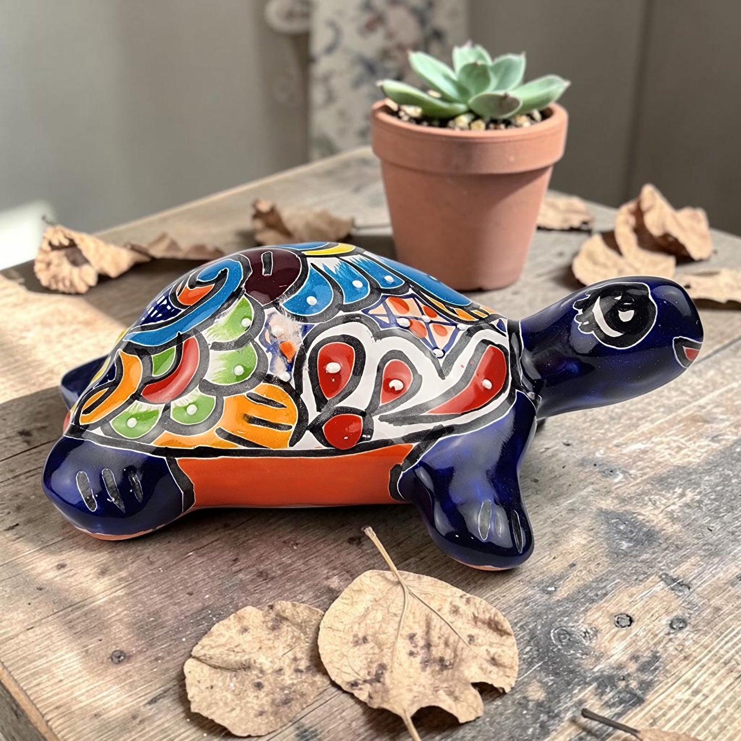 Talavera-Style Ceramic Turtle Figurine 8.5" – Mexican Folk Art Décor