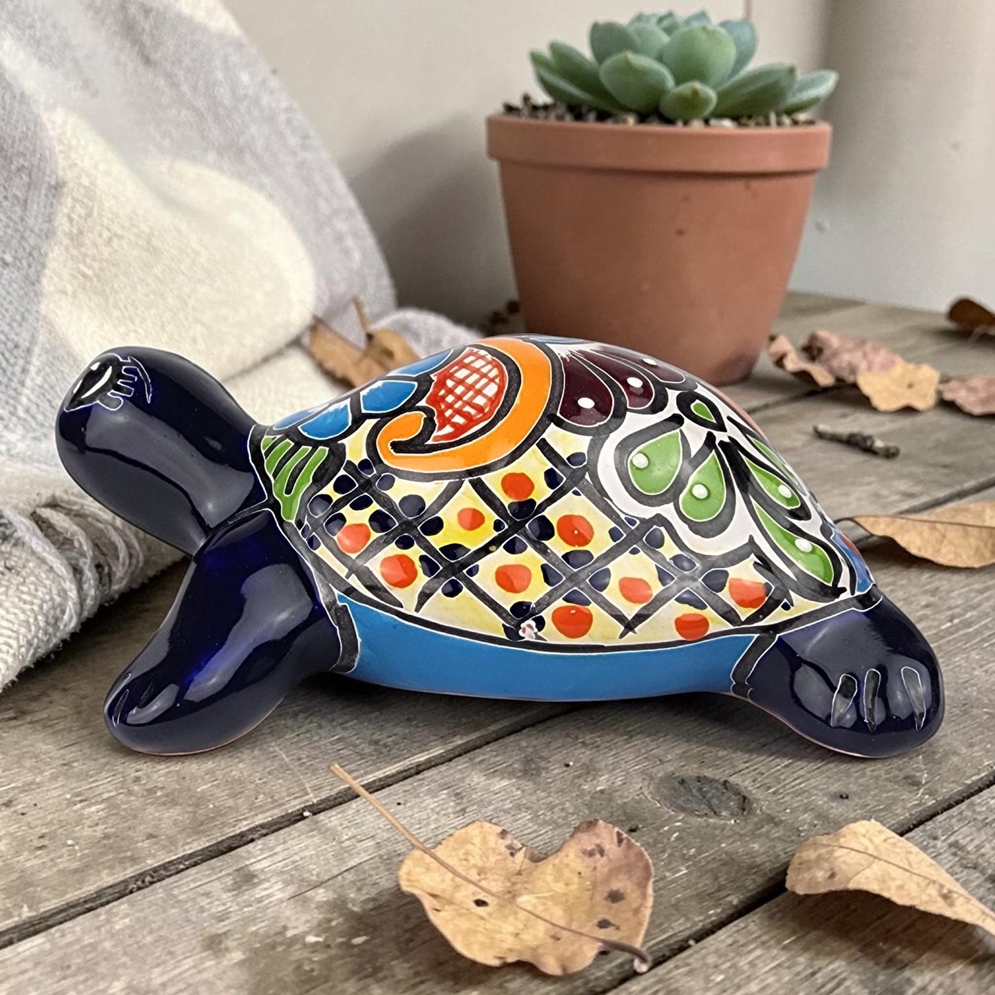 Talavera-Style Ceramic Turtle Figurine 8.5" – Mexican Folk Art Décor