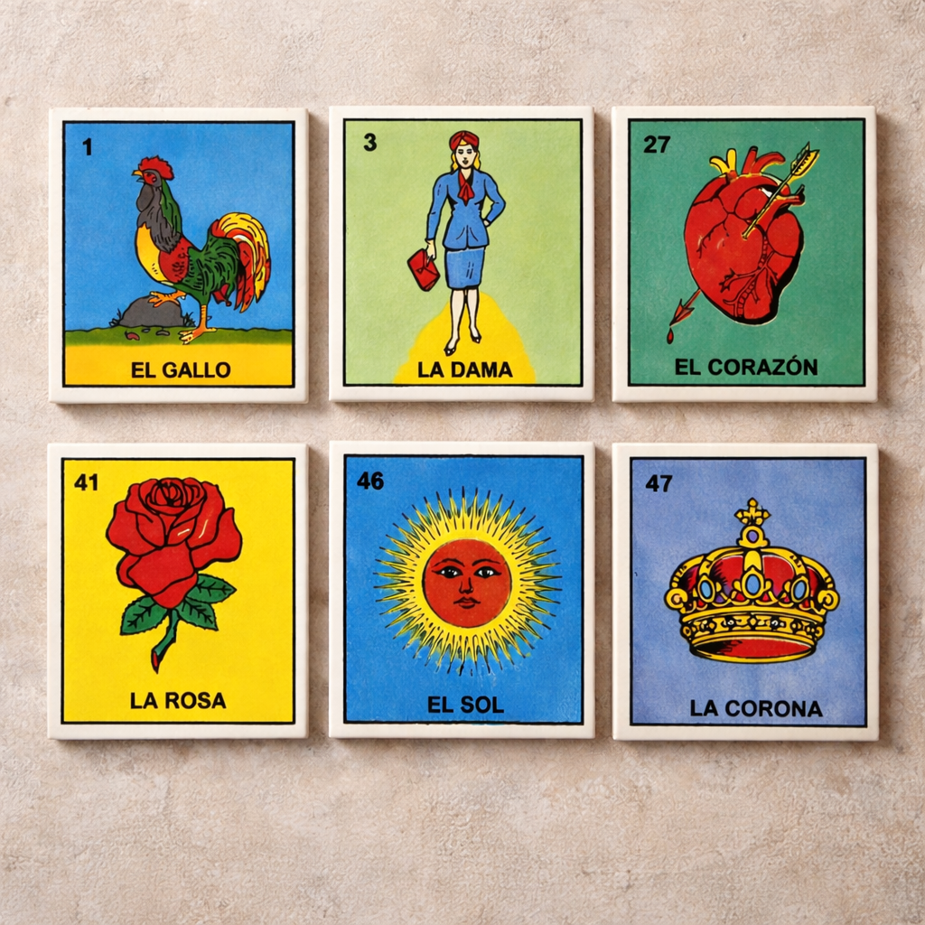 Six-piece Mexican Lotería ceramic tile bundle displayed in a grid