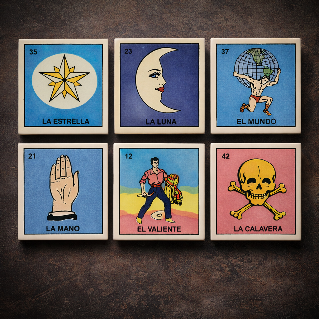 Six handcrafted Mexican Lotería ceramic tiles displayed as a symbolic collector bundle.