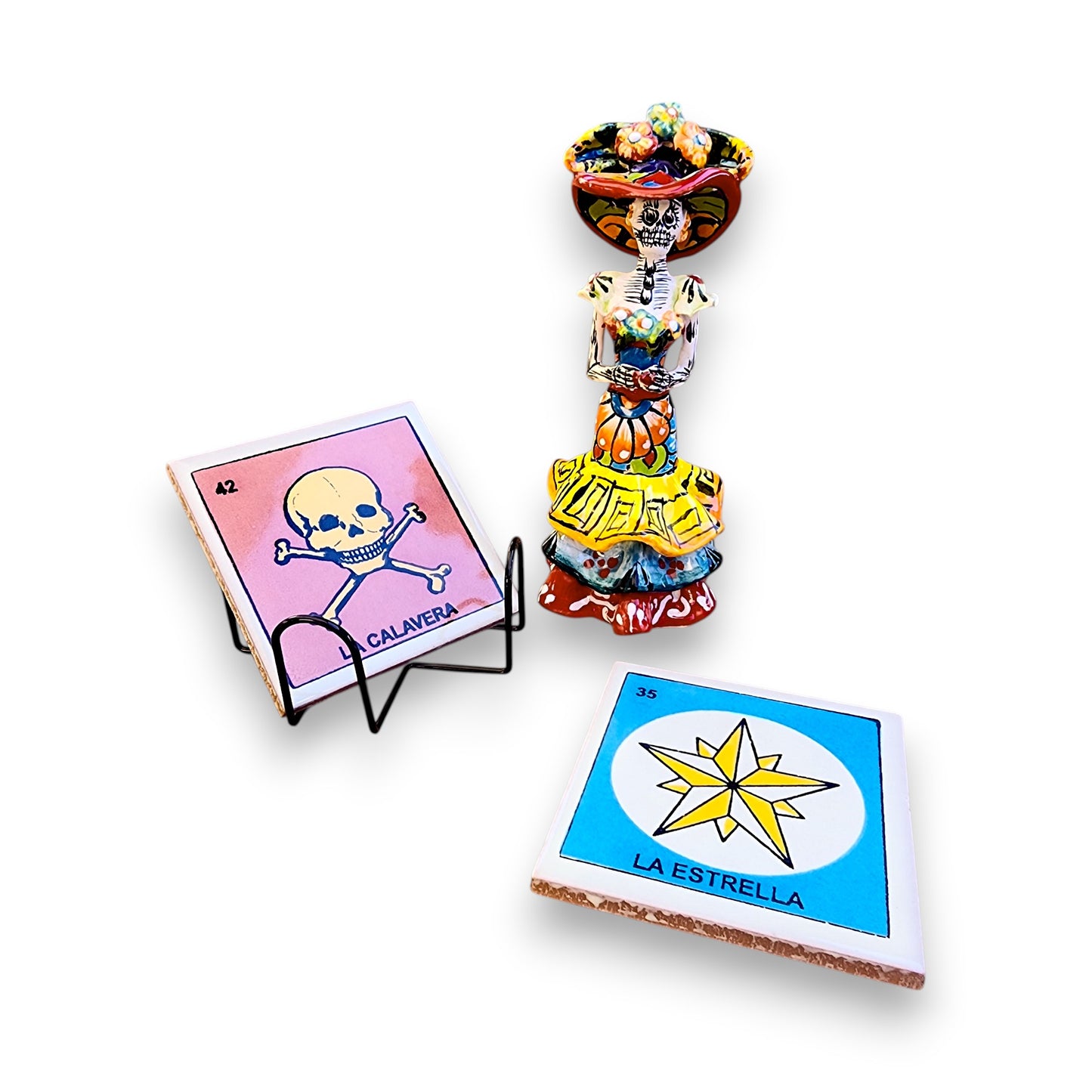 Ceramic Catrina Decor & Lotería Coaster Set w/ Holder
