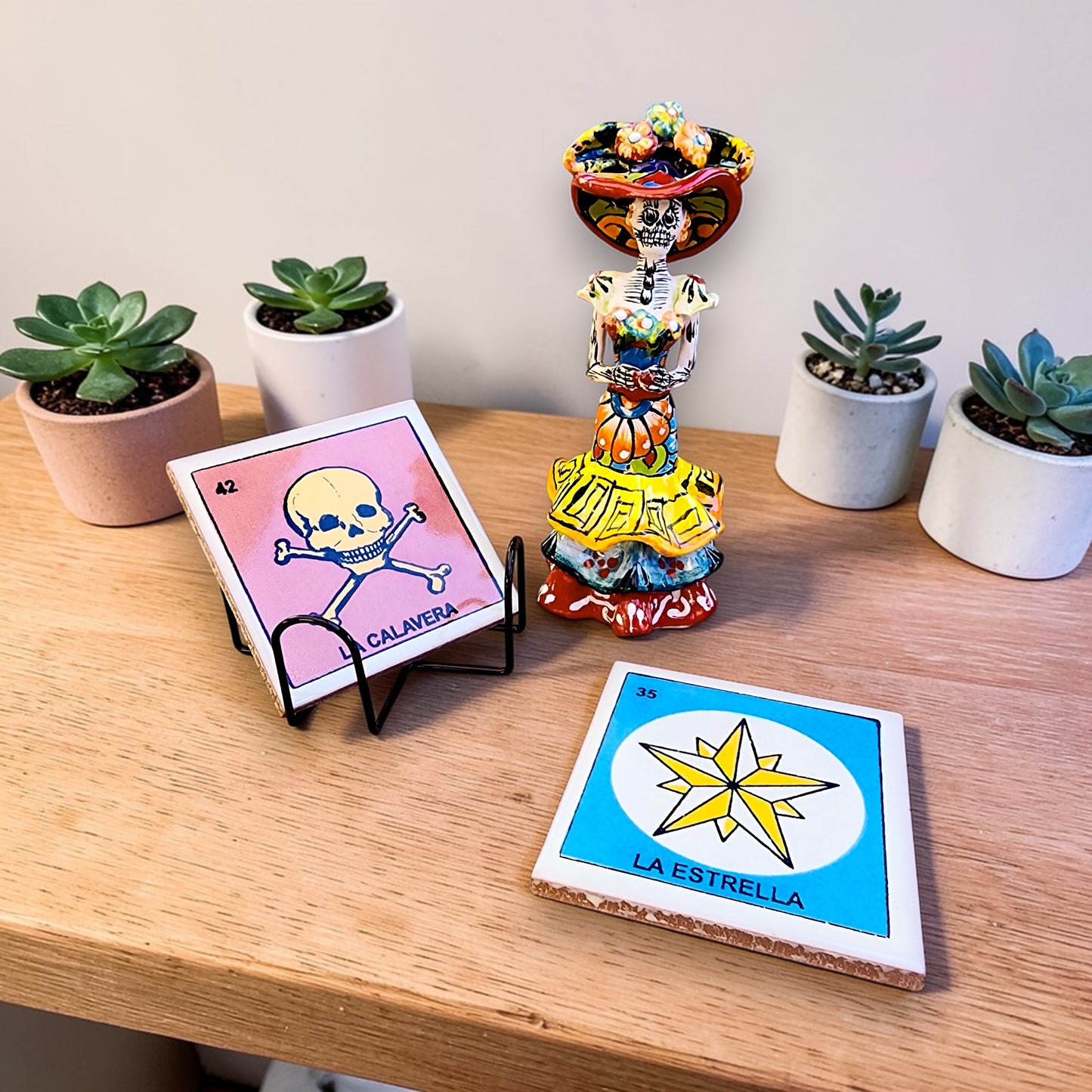 Ceramic Catrina Decor & Lotería Coaster Set w/ Holder