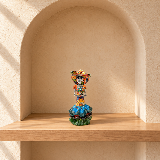 Blue Skirt Ceramic Catrina Figurine 8" – Day of the Dead Decor