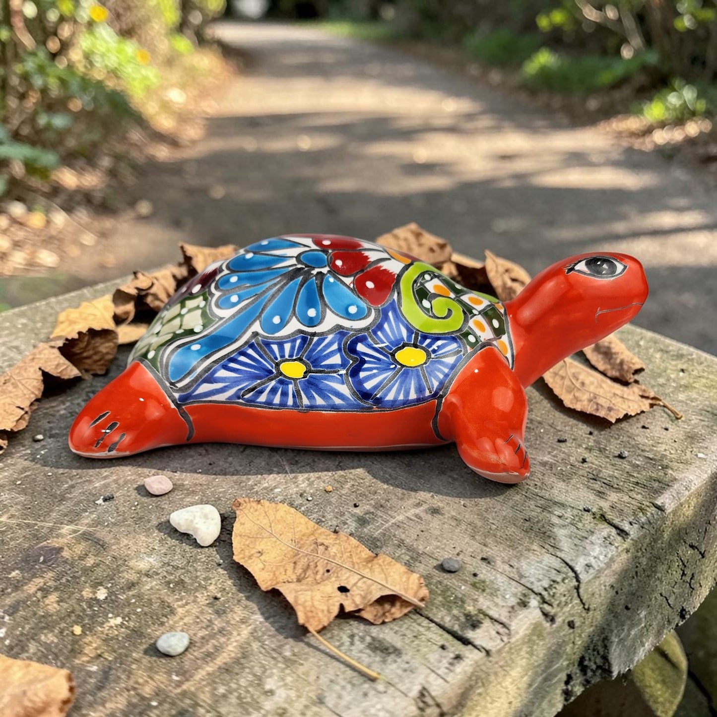 Red-Orange Talavera-Style Turtle Figurine 11" – Mexican Folk Art Décor