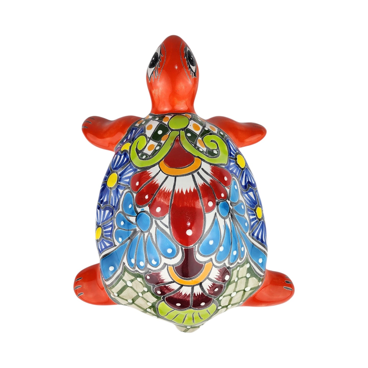 Red-Orange Talavera-Style Turtle Figurine 11" – Mexican Folk Art Décor